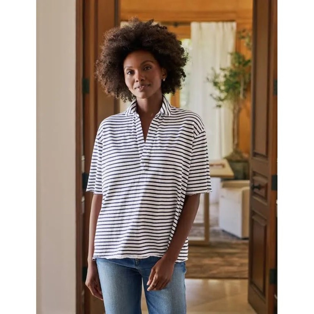 Frank & Eileen White and Black Striped Short Sleeve Polo Shirt